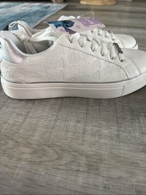Disney White Women's Stitch Embossed Platform Sneakers with Iridescent Heel
